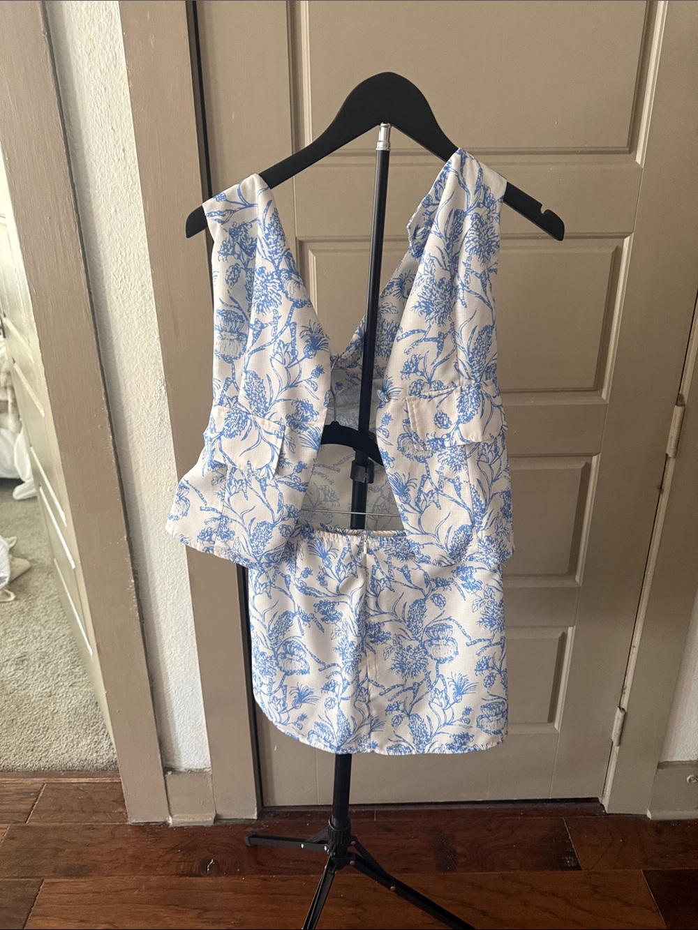 White and Light Blue Floral Cutout Romper
